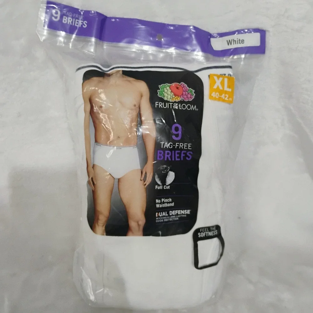 Fruit of the Loom Mens 9 Pk Tag Free Briefs White XL 40-42 Full Cut Dual Defense